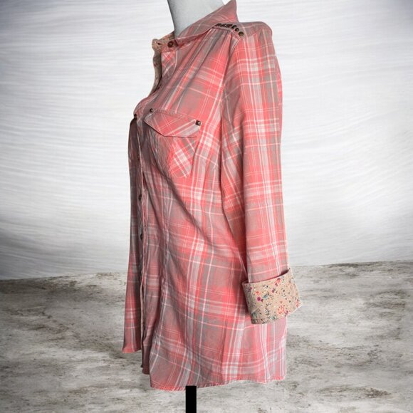 NWOT INKED & FADED (SM) Roper Women's Coral Pink Plaid Western Show Shirt - Picture 2 of 9
